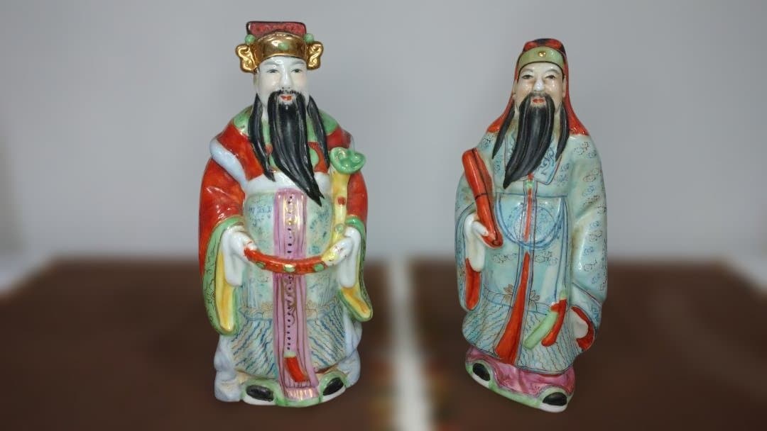 福禄寿の禄星と福星二体、中国陶器像 伝説的な人物