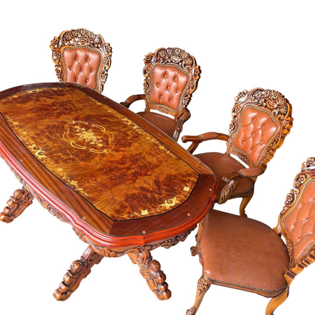 【手渡し限定】イタリア　象嵌 アンティーク ダイニングセット　硝子マット付