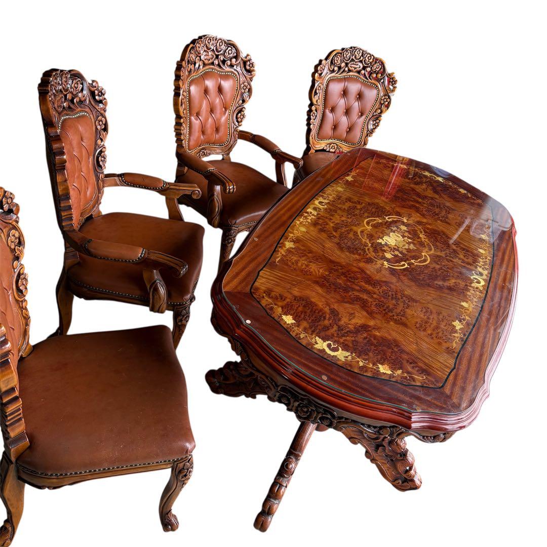 【手渡し限定】イタリア　象嵌 アンティーク ダイニングセット　硝子マット付