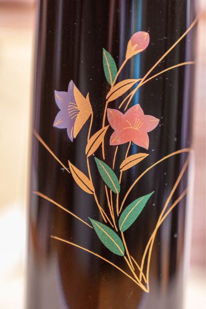 会津塗 花器 花瓶 黒漆 花文様 共箱付 飾り台付 高級漆芸品