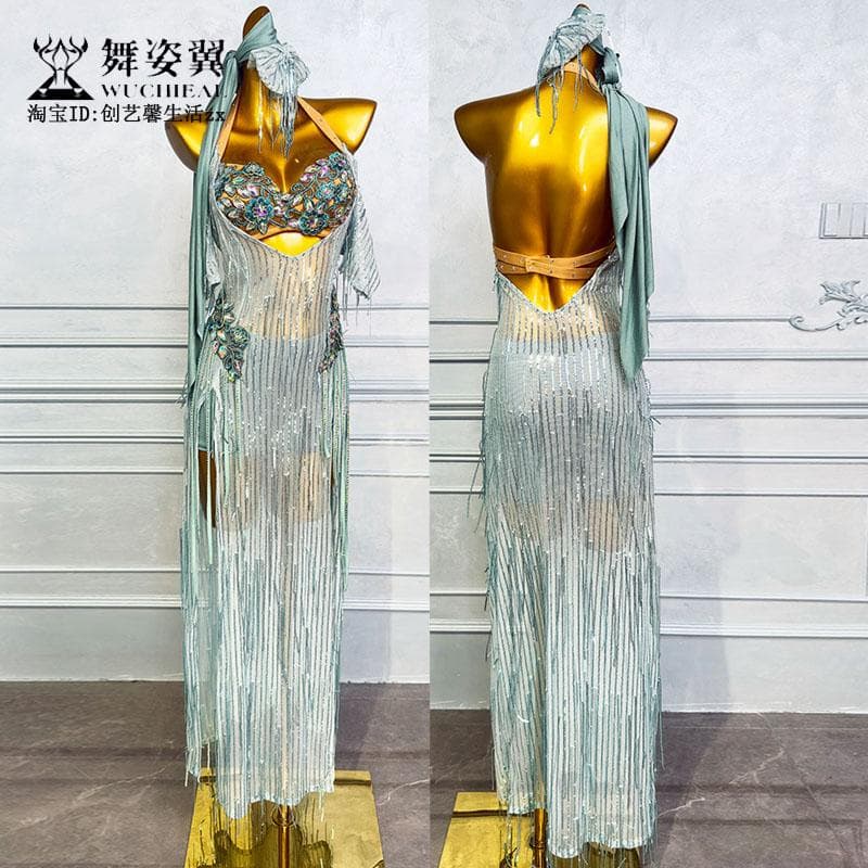 ベリーダンス衣装 スパンコールフリンジ ロングドレスライトブルー