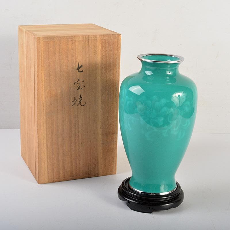 七宝焼　翡翠釉　牡丹文　花瓶　唐木台付　時代箱　C　6690