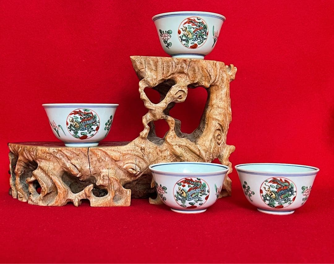 茶道具 大明成化年製 五彩團龍紋樣茶碗 汲出し茶碗 四客 煎茶道具 希少品