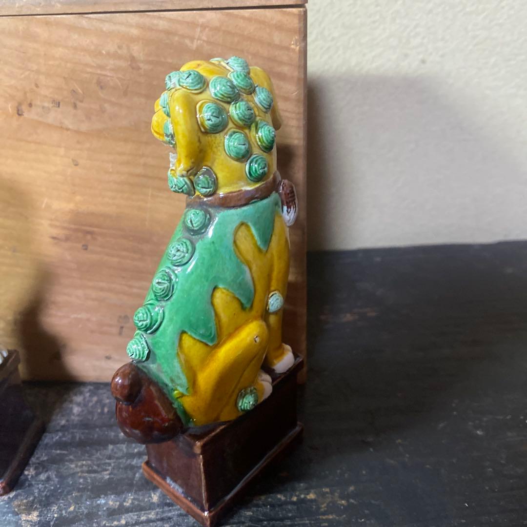 中国古玩　唐獅子一対【桐箱付】