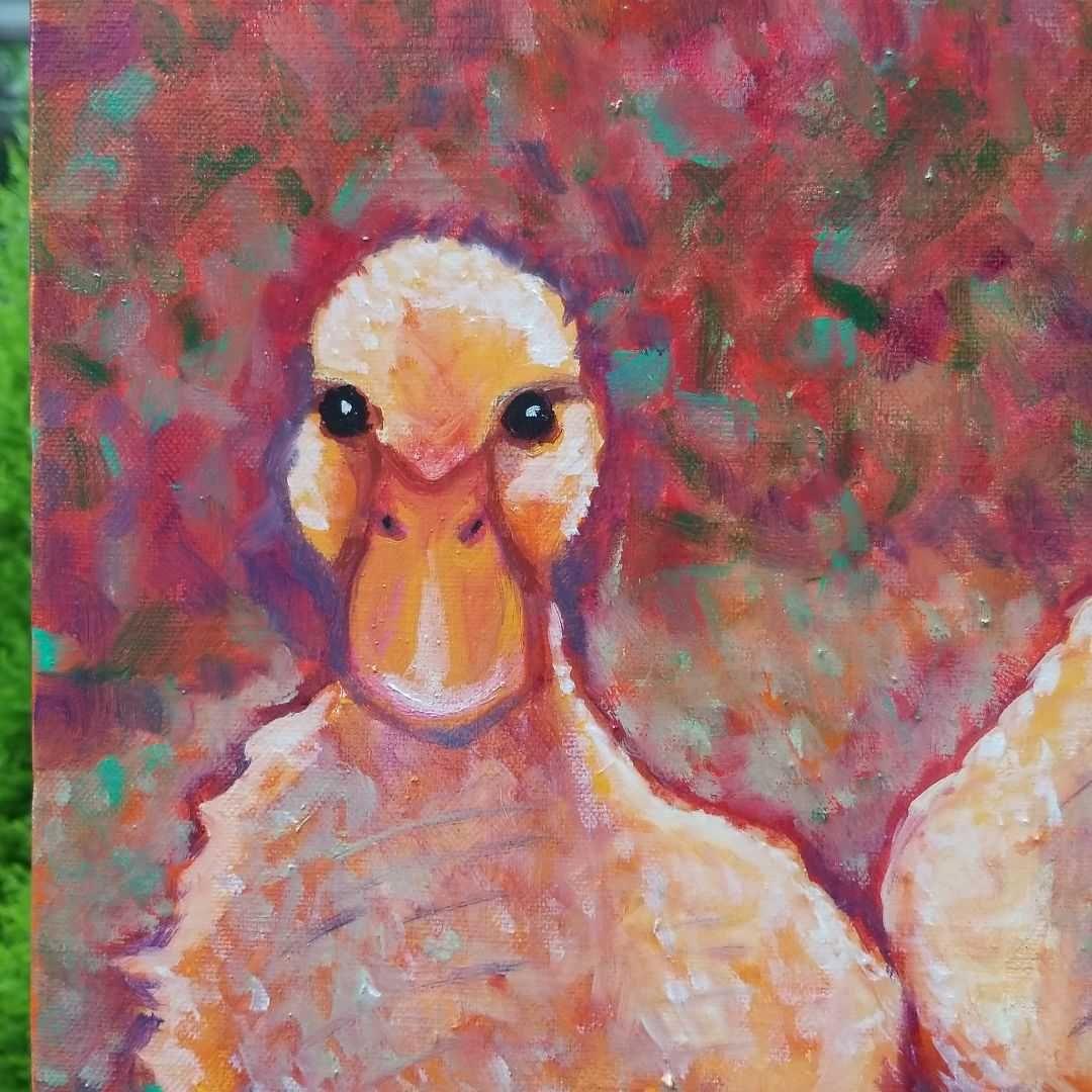 油絵　専用　夕方　寄りそって帰るアヒルの恋人たち