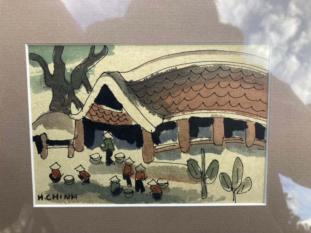 H. CHINH 農村風景 絵画 木製フレーム付き