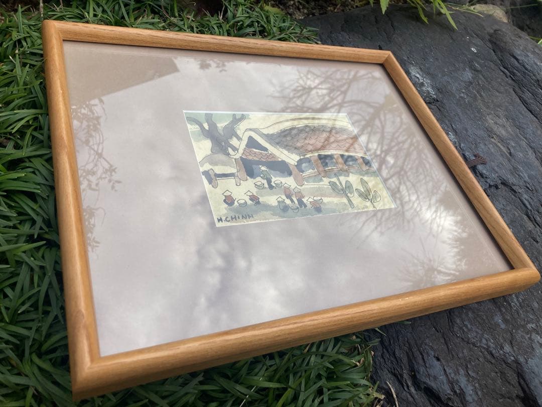 H. CHINH 農村風景 絵画 木製フレーム付き