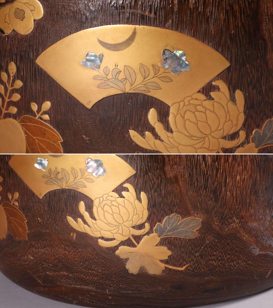 尺参 桐火鉢 金蒔絵 螺鈿細工 幅38.8cm 桐紋 菊 草花 扇面【MB31】