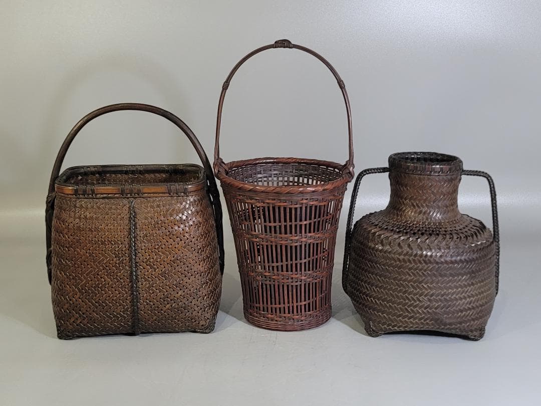 竹籠 在銘 花生 時代物 三点まとめて