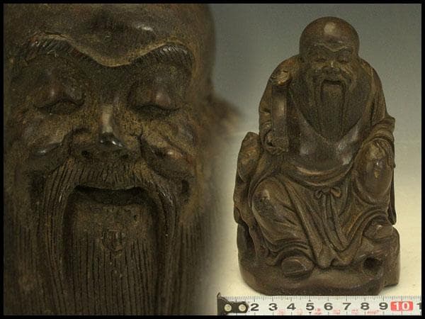 中国美術 竹根 刻 如意手 寿老人 置物 高15.8cm(A270)