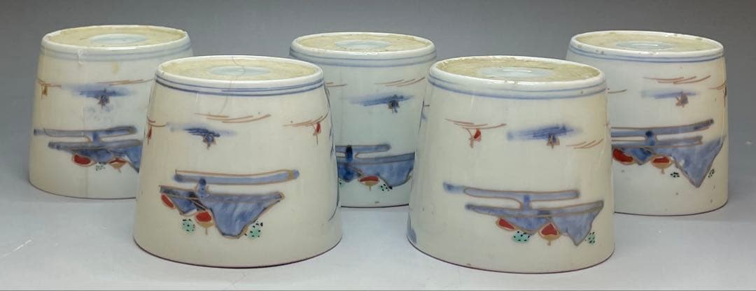 蕎麦猪口　楼閣山水図　古伊万里　切込　染錦　5客　C0095