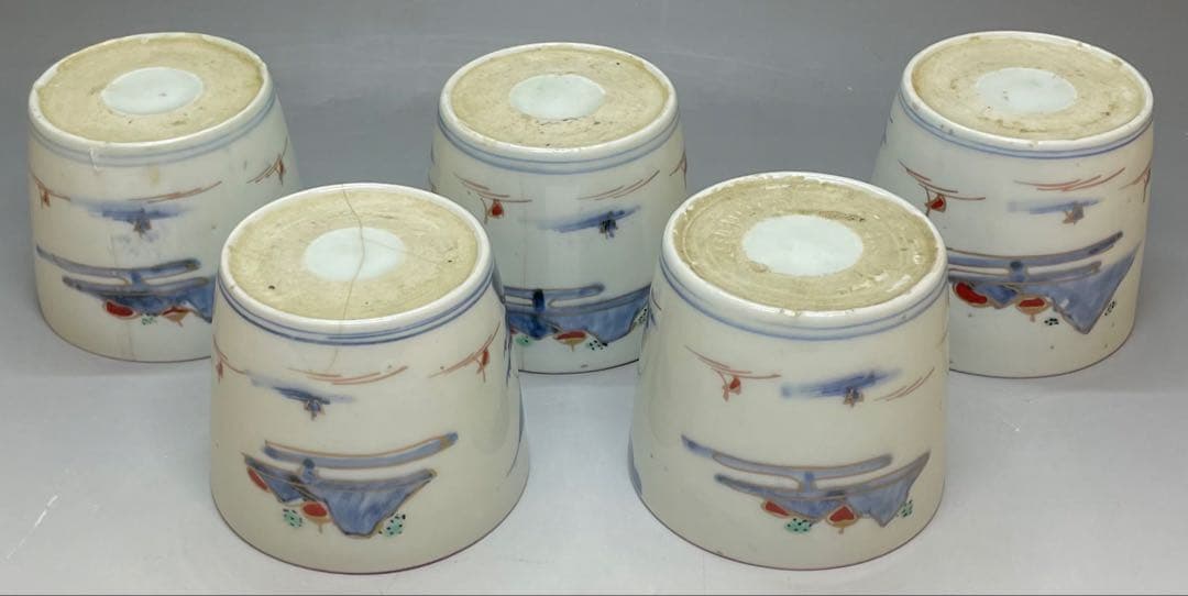 蕎麦猪口　楼閣山水図　古伊万里　切込　染錦　5客　C0095