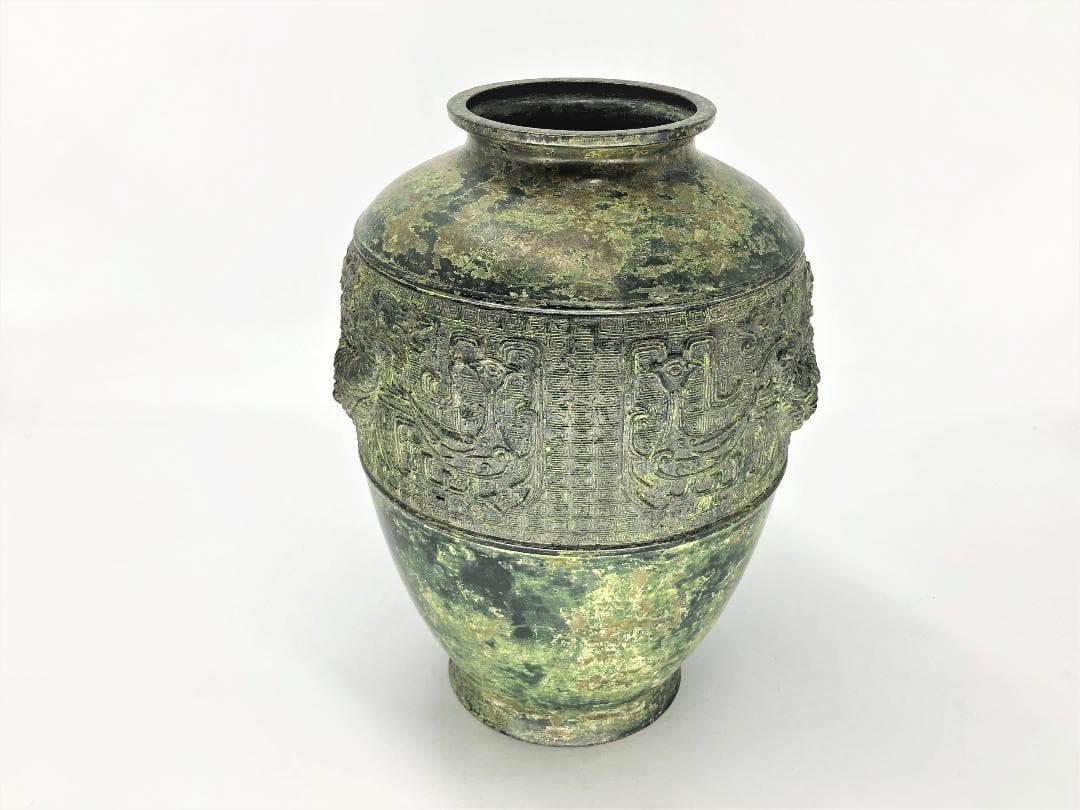 【 高岡銅器製浜物　花生 】　倣中国古代鳳文銅壺　江戸末頃