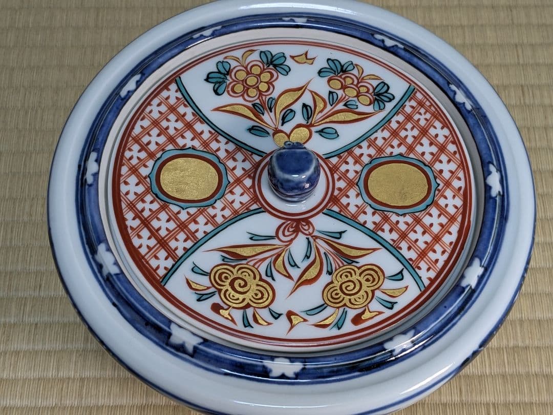 【上作】真葛香斎　染付竹水指　赤絵蓋共　京焼