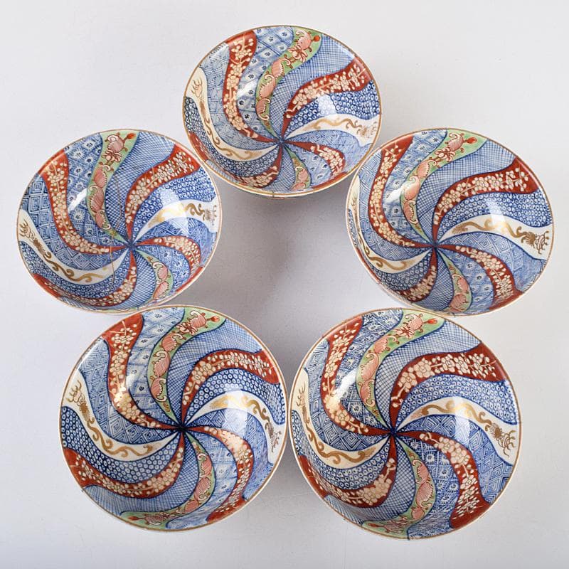 伊万里焼　五良太甫呉祥瑞造　色絵棯文　菓子鉢　五客　合わせ箱　M　R9495