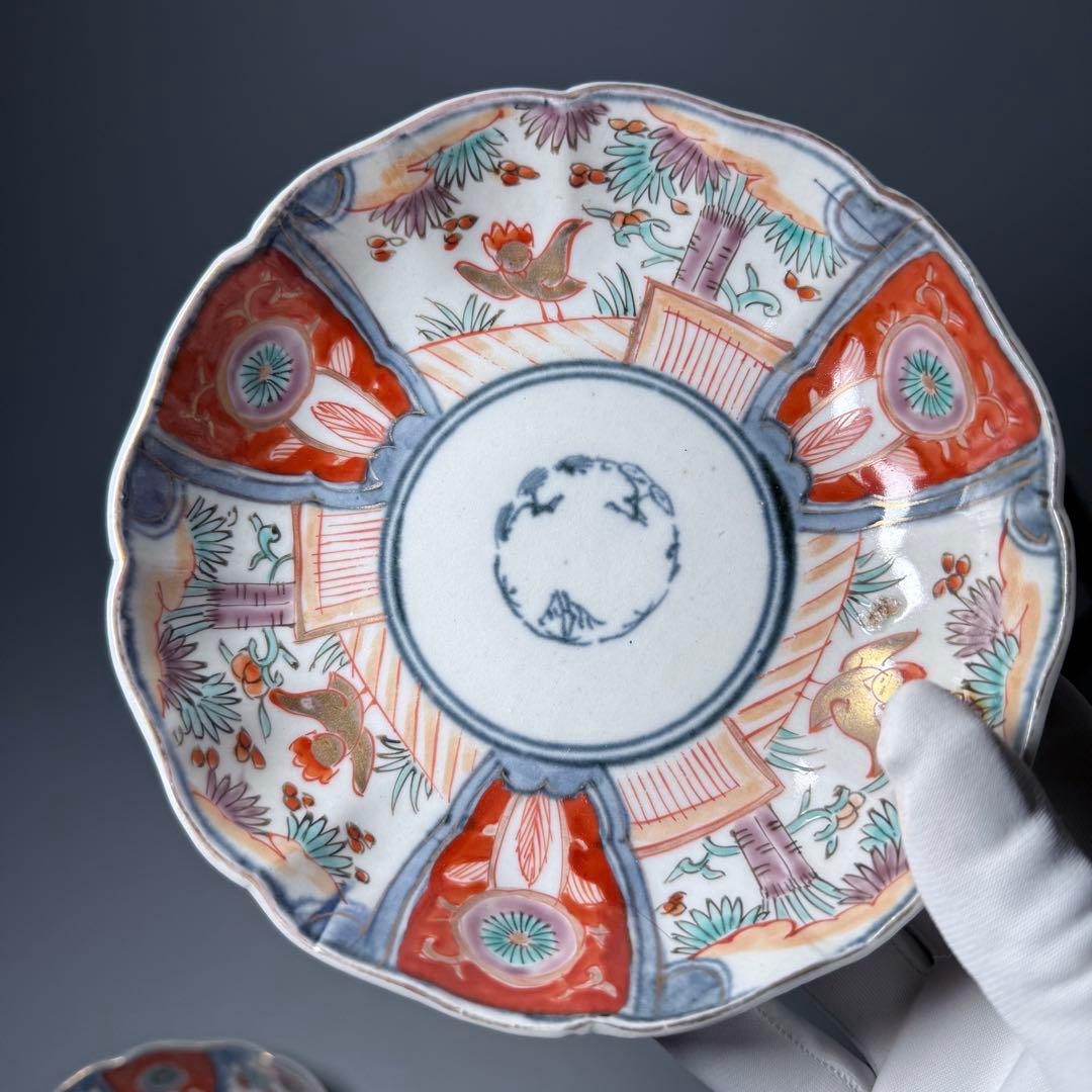 古伊万里　色絵花鳥図輪花形膾皿　松竹梅　裏巻物文様　江戸期　金蘭手　最後の五点