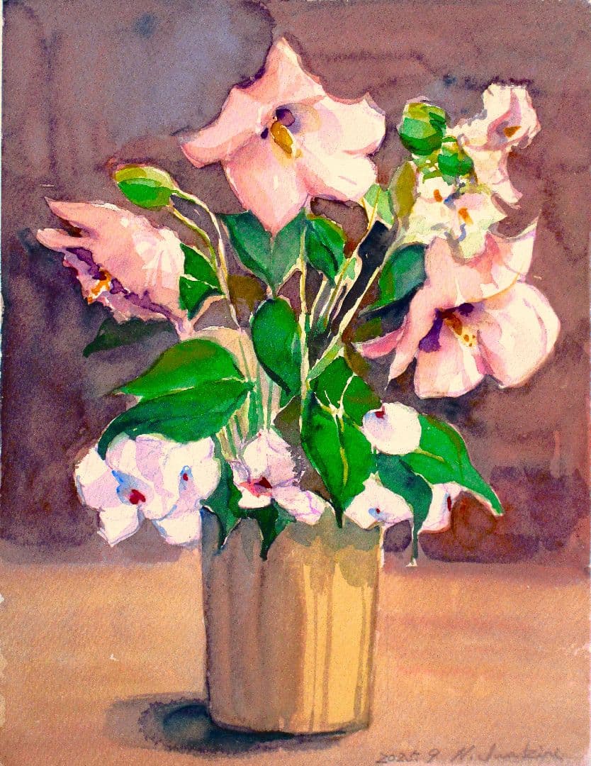 花瓶の花 水彩画 木製フレーム付き F6サイズ