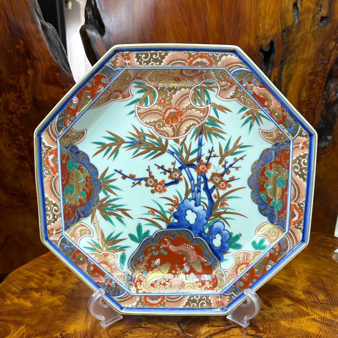 有田焼　波佐見焼　林九郎作　金彩松竹梅 鯉 狛犬絵　八角盛皿　飾り皿　美術品