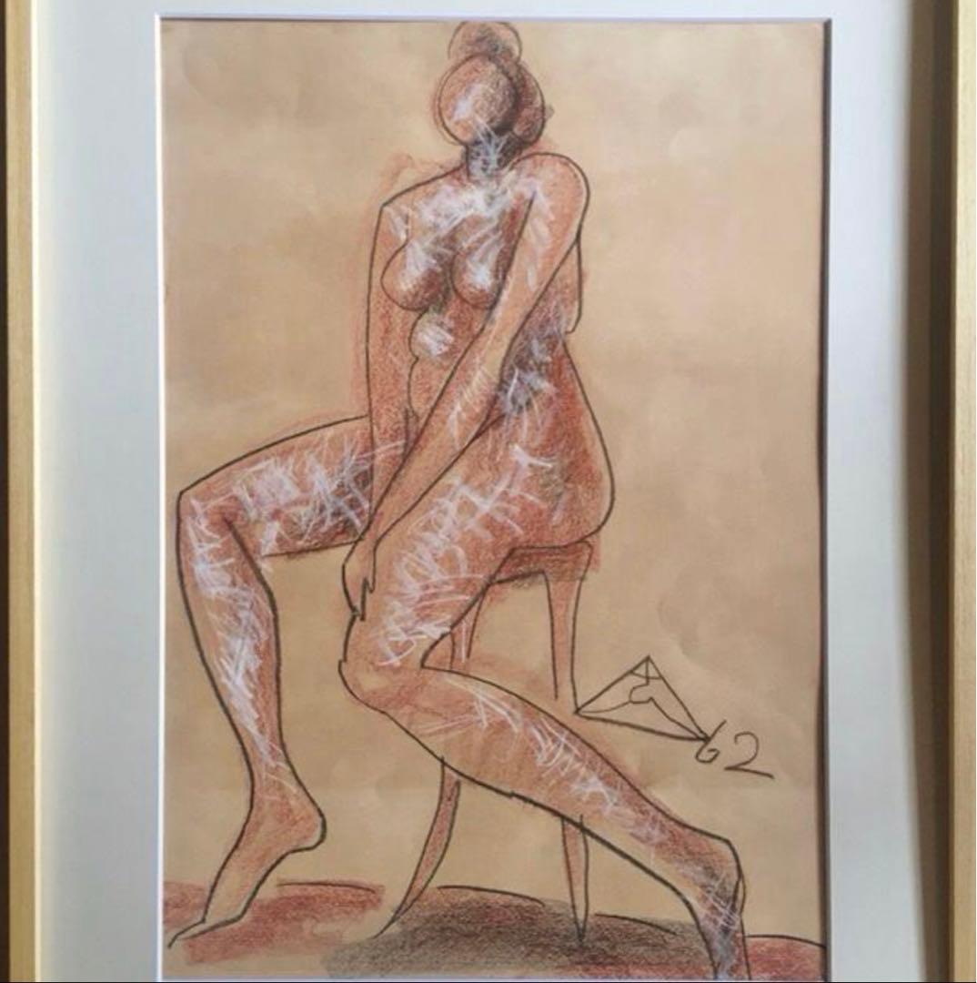 木内克　パステル画　裸婦像　女性　サイン入り　額付き　21.06.13-2