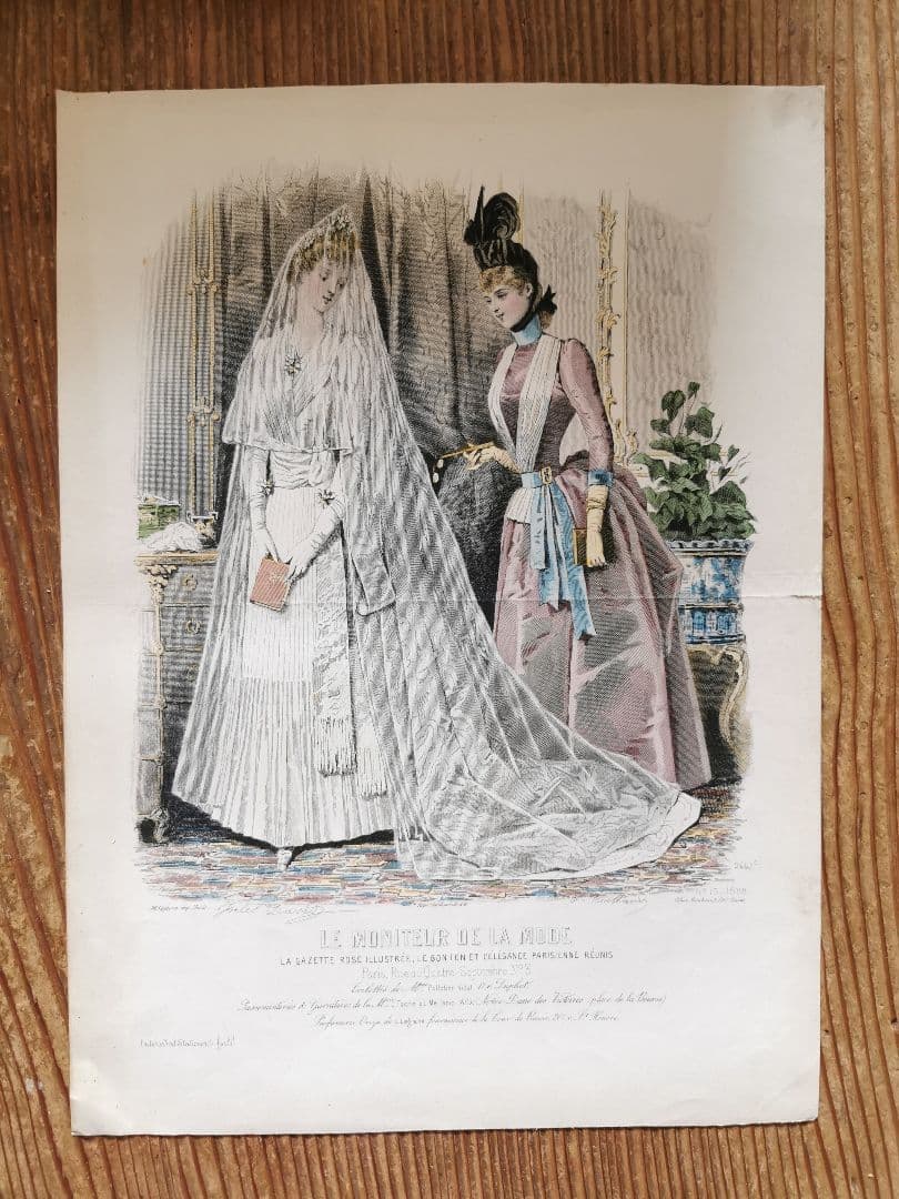 19cアンティーク銅版画 聖書を携えた新婦と姉妹/友人 ウェディングドレス手彩色