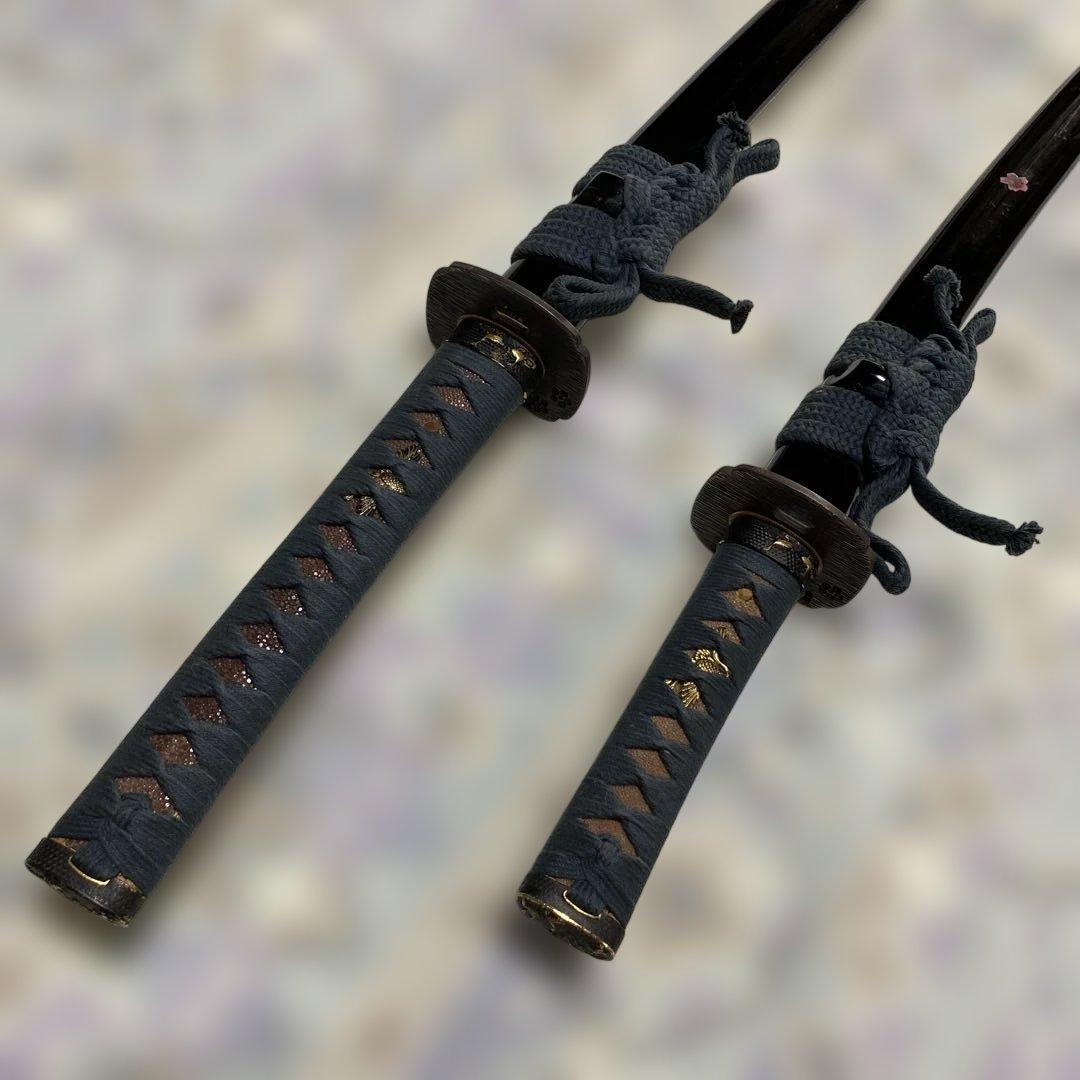 高級豪華版居合刀大小２本 青柄 桜透し木瓜鍔