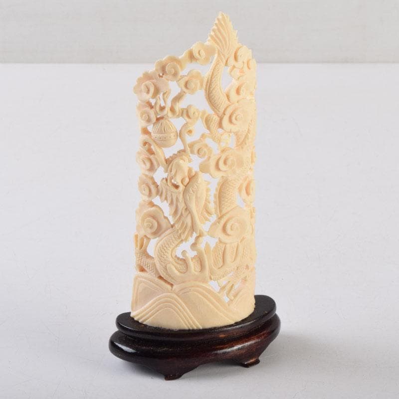 中国　獣骨製　雲龍透かし彫　硯屏　置物　唐木台付　N　9110