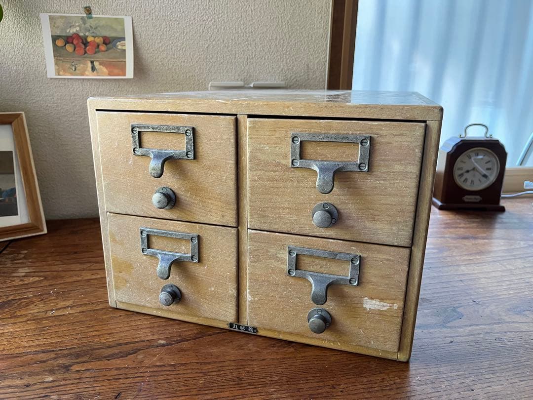 ヴィンテージ　図書館　カード棚　木製引き出し　ドロワー 4段