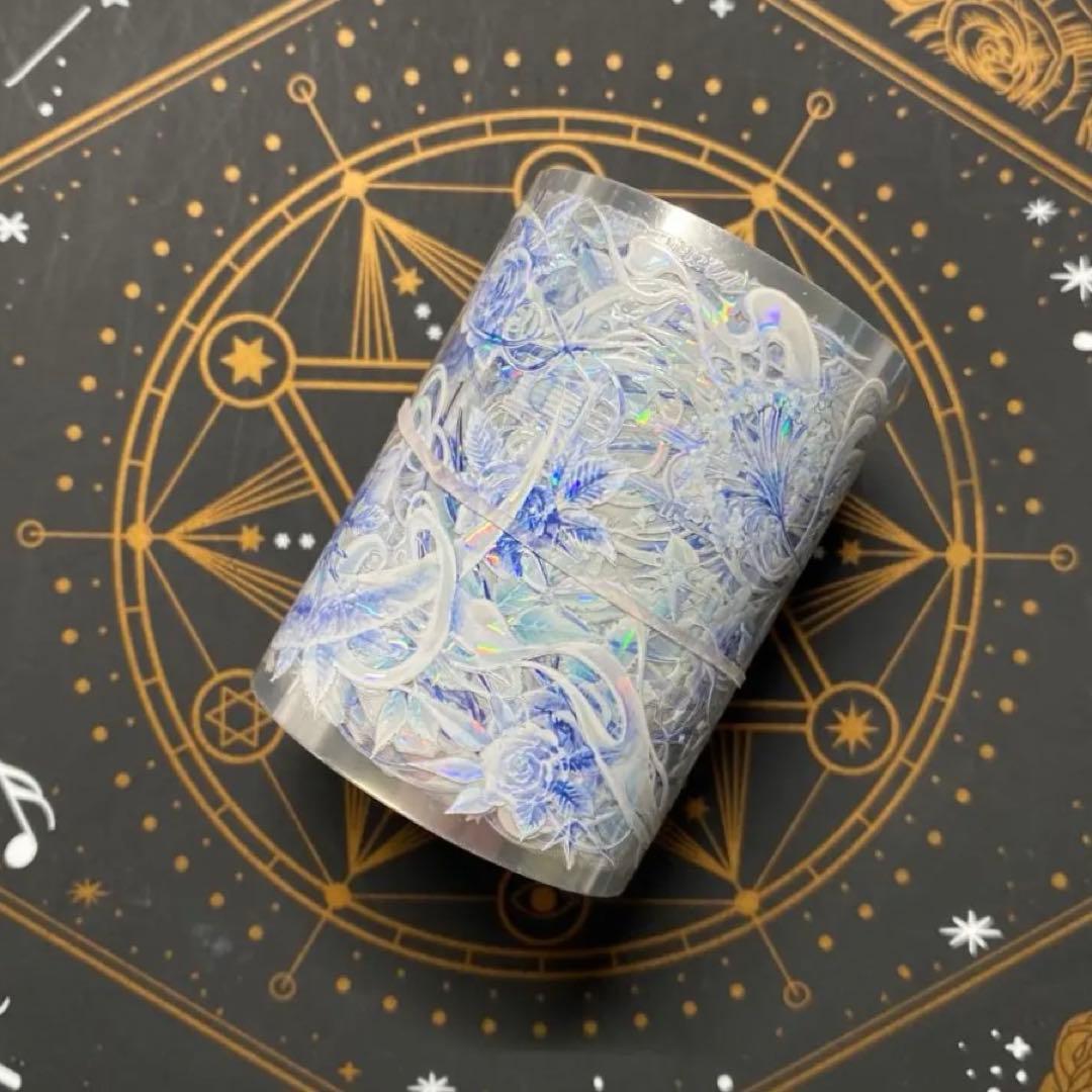 【9241】海外　マステ　中古巻　貝殻光マスキングテープ　月　お花　青い装飾系