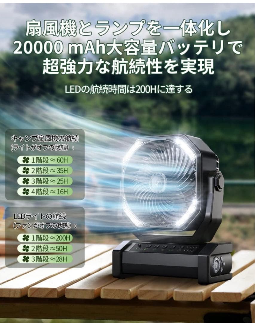キャンプ 扇風機 20000mAh大容量 最大60時間連続使用