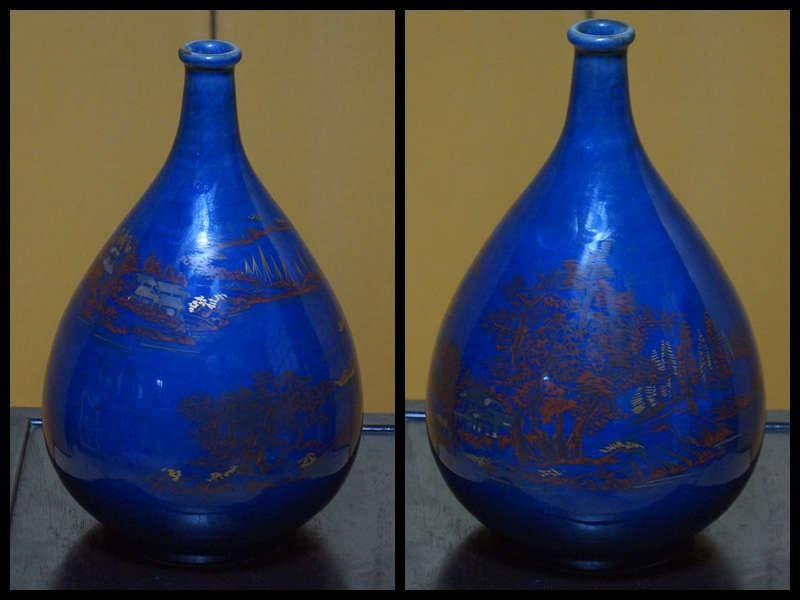 江戸時代中期 古伊万里瑠璃手 大型徳利 金銀彩赤絵 『山水風景図』飾り壺★時代物