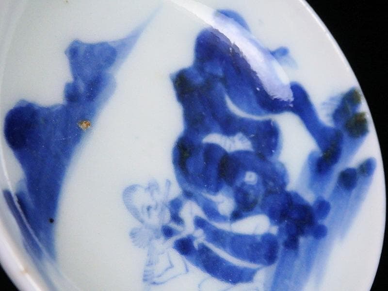 古伊万里　染付　笛吹童子に牛の図　豆皿　C873AS-BWn