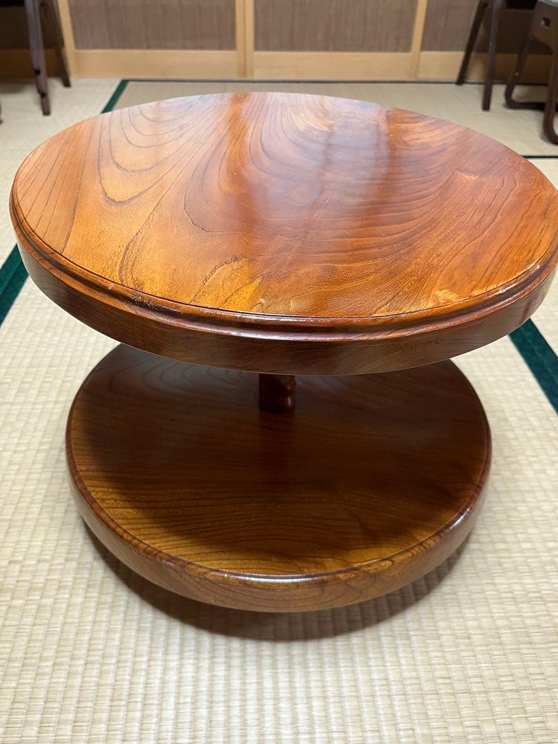木製二段式円形テーブル　回転　けやき　昭和レトロ　サイドテーブル