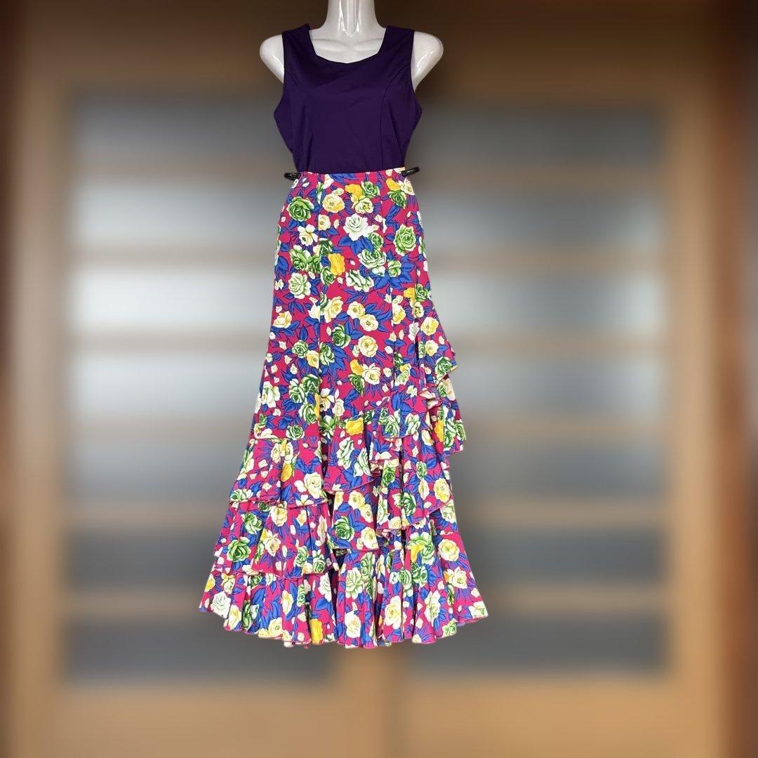フラメンコ スカート 紫と花柄三点セットアップ
