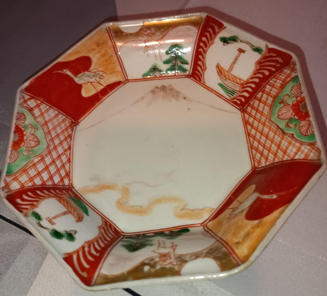 【古伊万里焼】　八角鉢　江戸時代後期　鶴亀　松竹梅　富士の図　金彩赤絵　吉祥文様