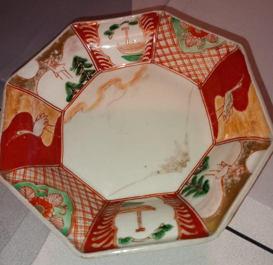 【古伊万里焼】　八角鉢　江戸時代後期　鶴亀　松竹梅　富士の図　金彩赤絵　吉祥文様