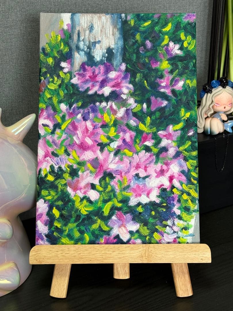 「陽光とツツジ」　手描き　油絵　風景画　原画　油彩画　印象派　花