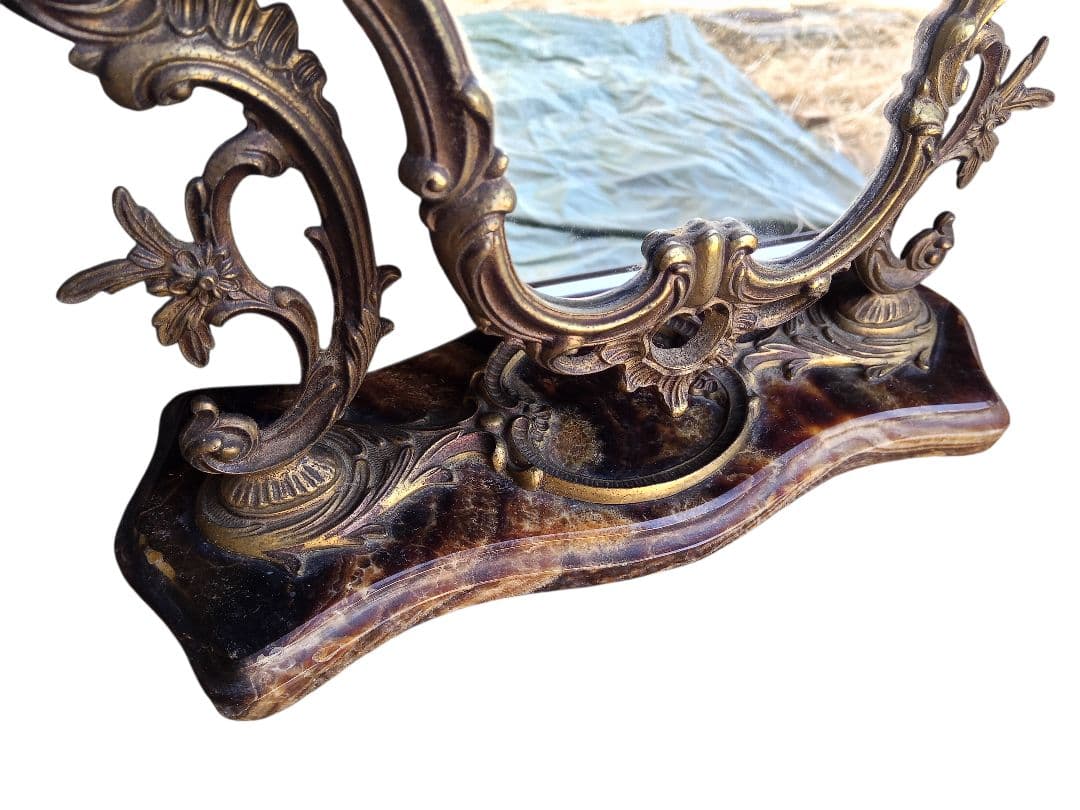 【アンティーク】大理石台 真鍮製 化粧鏡