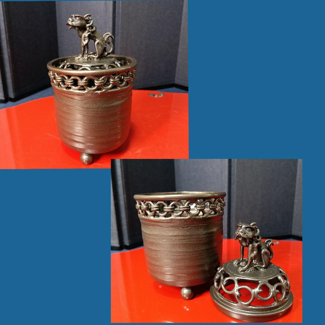 AO17 須賀月芳 香立 香合 共箱 栞 各共布 高岡銅器 二点揃 鋳銅製