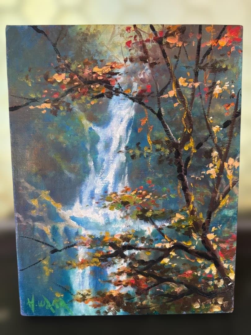 森下一夫　滝と木々の油彩画