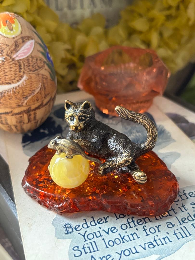 入手困難◆新品◆ロシア製ブロンズと琥珀、猫とネズミ