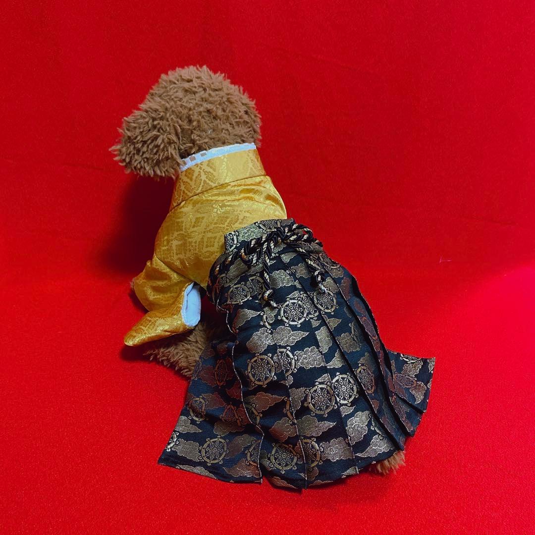 犬の袴✨本格着物&袴セット 西陣織金襴 和宝 金茶×黒 M 犬服