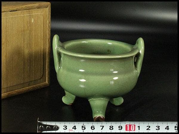 中国美術 天龍寺 青磁 三足 香炉 古美術(K-YC529)
