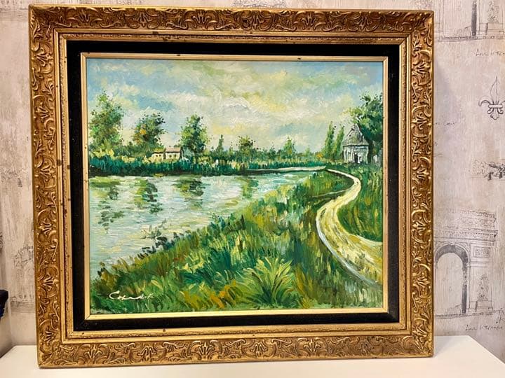 豪華額装　油彩 10号 水辺の風景 ヨーロッパ　洋画　風景画　ヨーロピアン