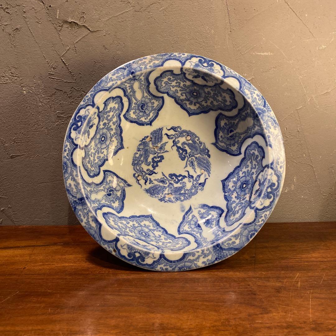 珍品 古伊万里 鳳凰大深鉢 隠れキリシタン 染め付け 26.5cm 骨董品