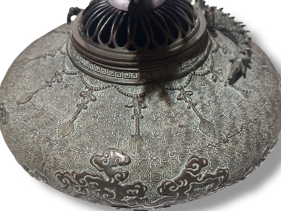 名工 米田秀保造 銅製 立龍提手 三足香炉 高岡銅器