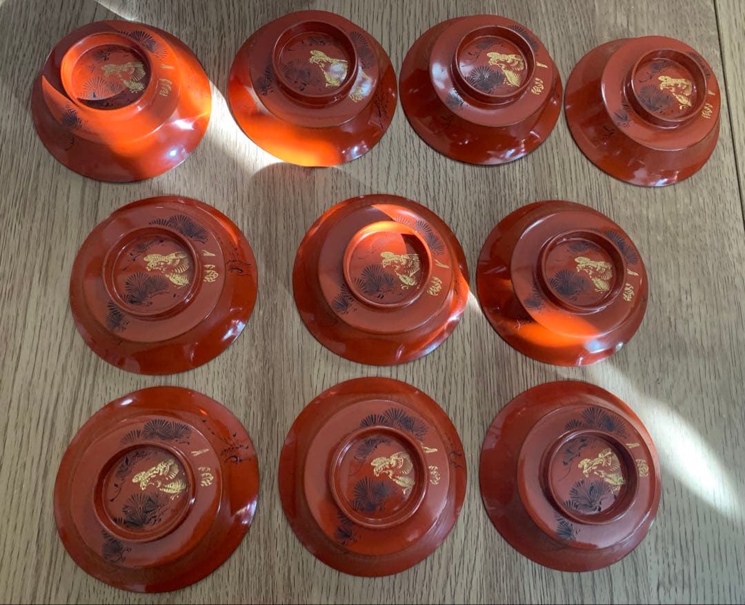 輪島塗　朱沈金蒔絵吸物椀10客　時代物　木製うるし塗　羽反　アンティーク