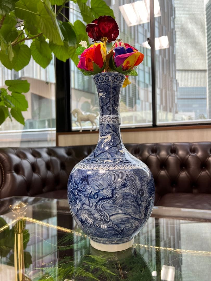 中国清雍正年製銘海水龍紋瓶官窯　唐物アンティーク古美術品江戸骨董コレクション青磁