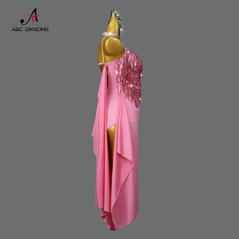 社交ダンス衣装ルンバ用ラテンドレスピンクキラキラスパンコールフリンジ競技会デモ