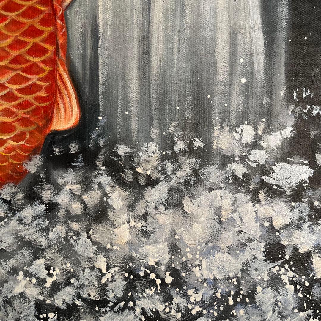 ★大型絵画★手書き油絵 鯉の滝登り 額付 絵画 インテリア 開運 金運 風水