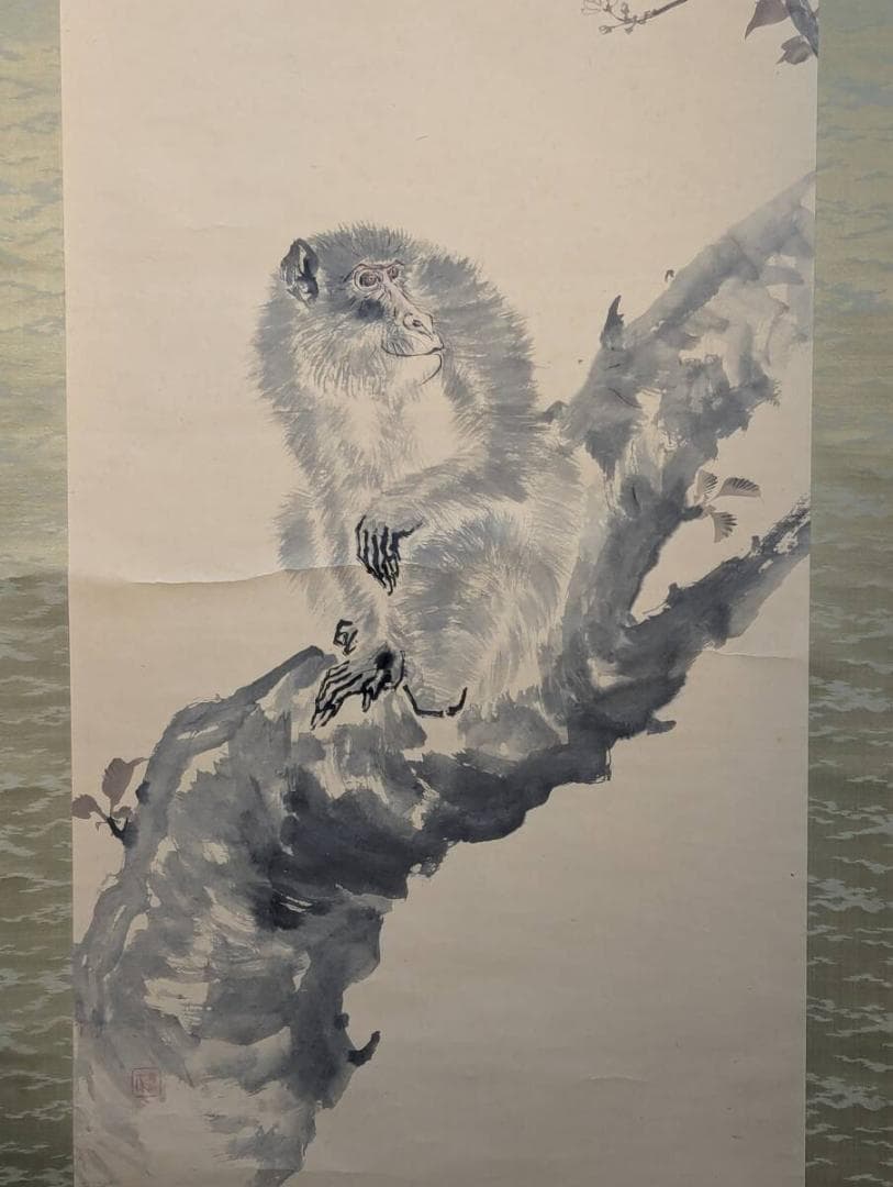 【真作】掛軸　池上秀畝　猿と春枝　水墨動物画　気品ある動物表現　共箱入　T97